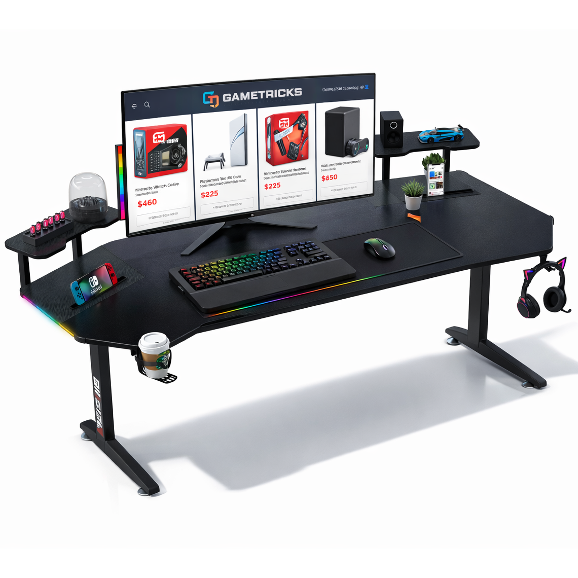 V7 Wing-Shaped Premium RGB Gaming Desk 160cm | Black Gaming Table With LED Lighting gametricks