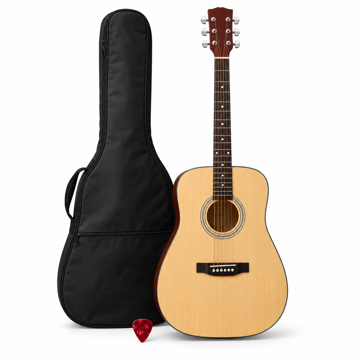 Illustrative natural beige 39-inch six-string acoustic guitar with bag and pick