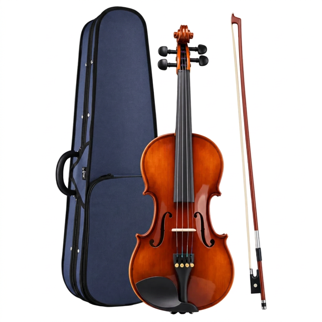 Acoustic violin with carrying bag and bow, front view