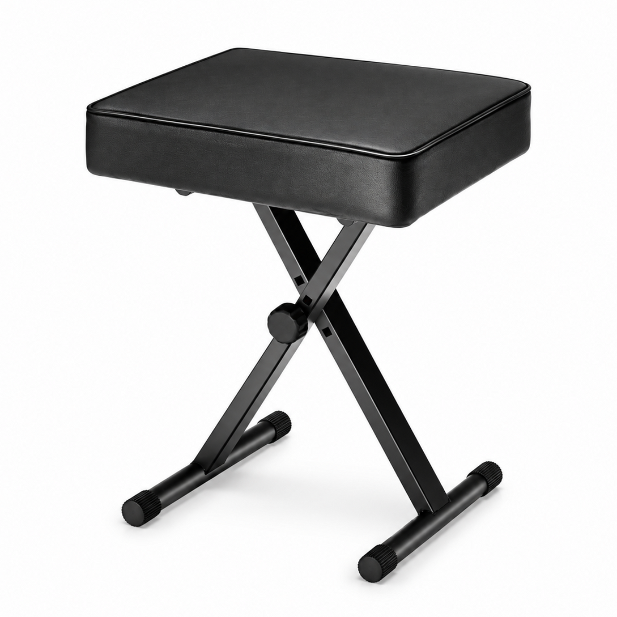Black adjustable padded keyboard stool with folding X frame, front view