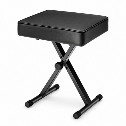 Black adjustable padded keyboard stool with folding X frame, front view