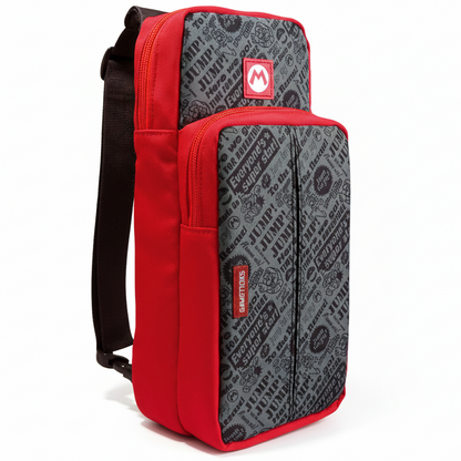 Red and gray backpack with a brand logo on a white background