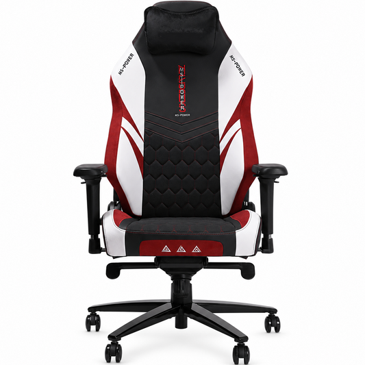 Ignition XL black red white chair front view on white; AI-edited supplier photo with original MS-POWER markings