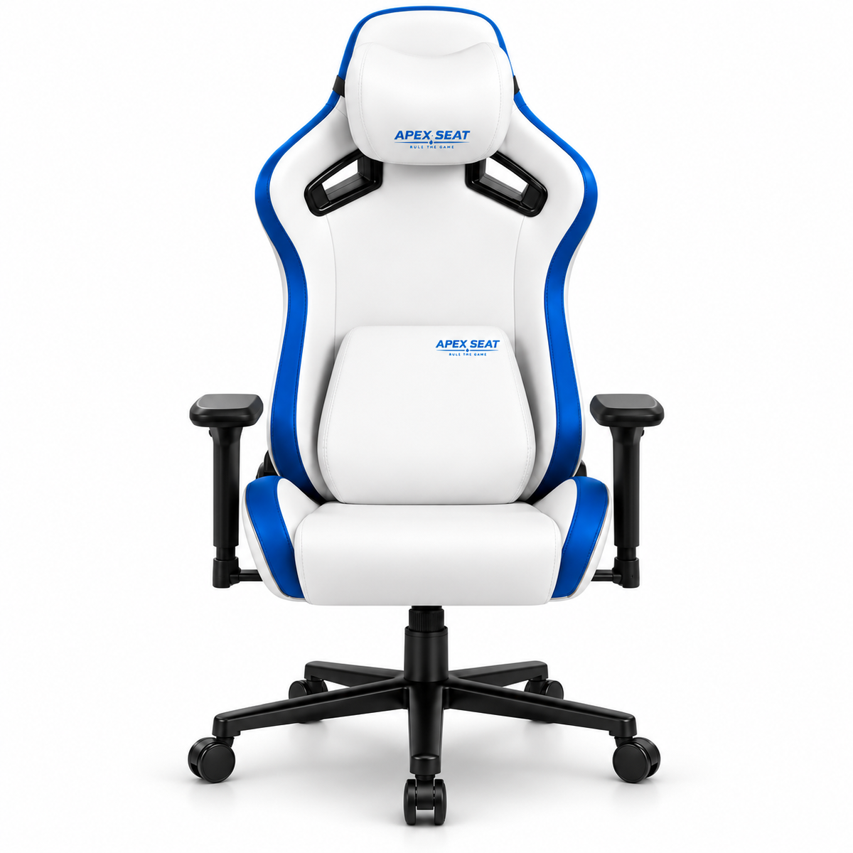 APEX SEAT SONIC white and blue gaming chair, front view on white – AI-edited supplier image