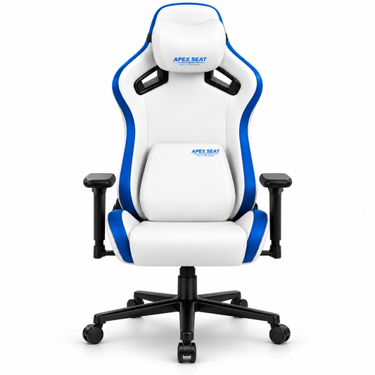 APEX SEAT SONIC white and blue gaming chair, front view on white – AI-edited supplier image