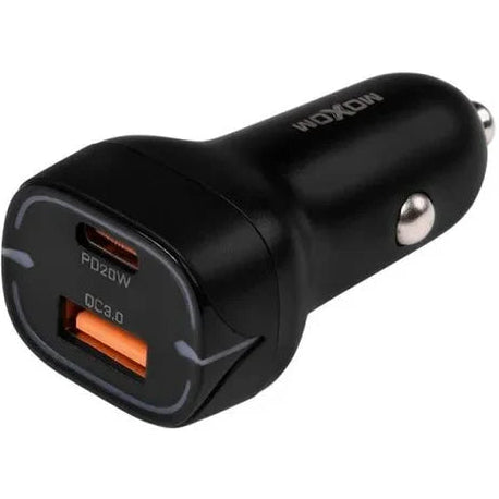 Black car charger with USB ports on a white background