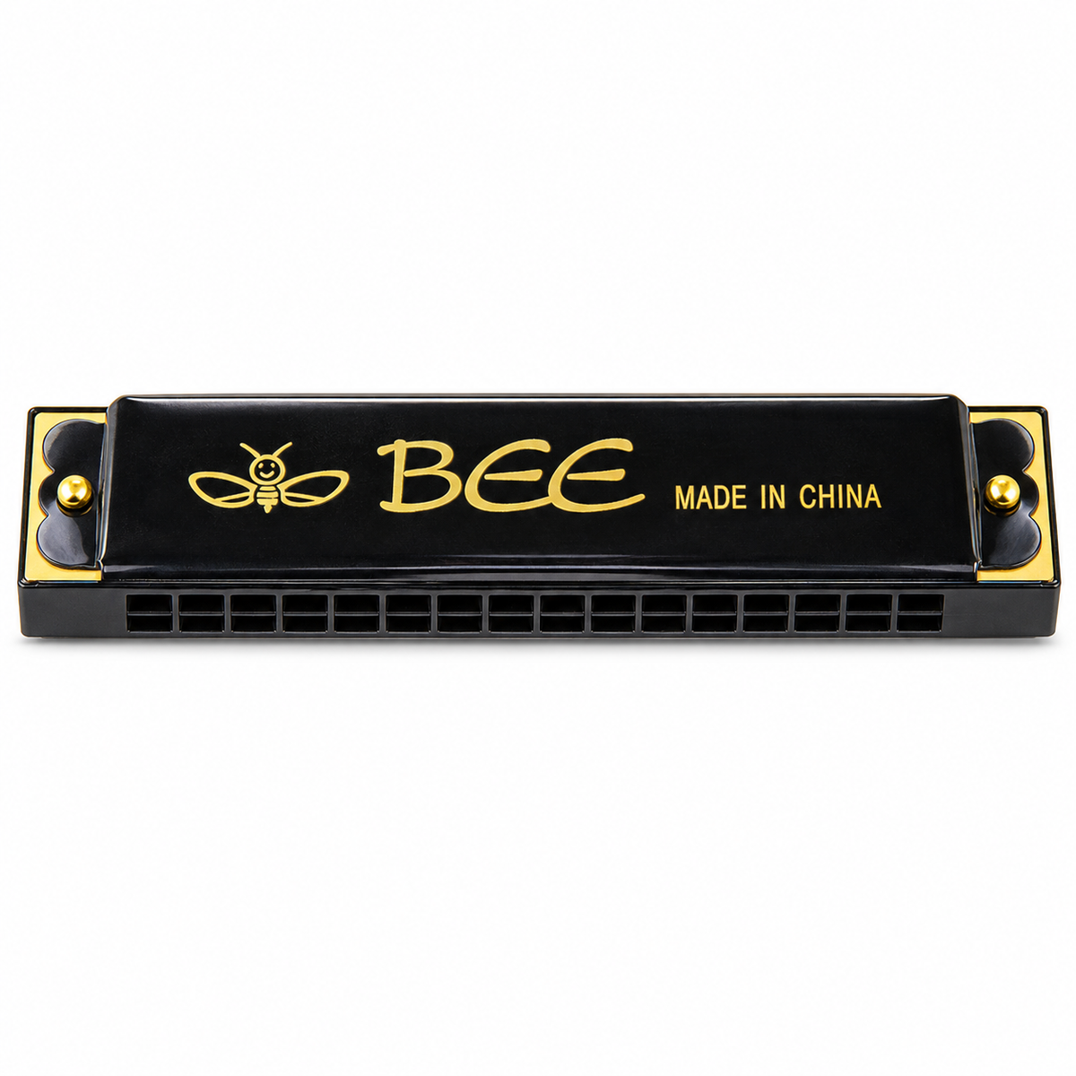 BEE Harmonica Toy with 16-Holes – Black, front view.