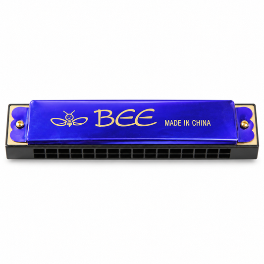 BEE 16-hole aluminum toy harmonica – Blue, front view.