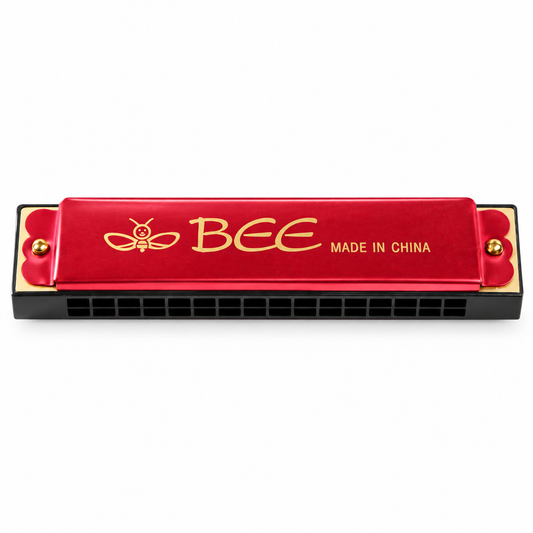 BEE 16-hole aluminum toy harmonica – Red, front view.