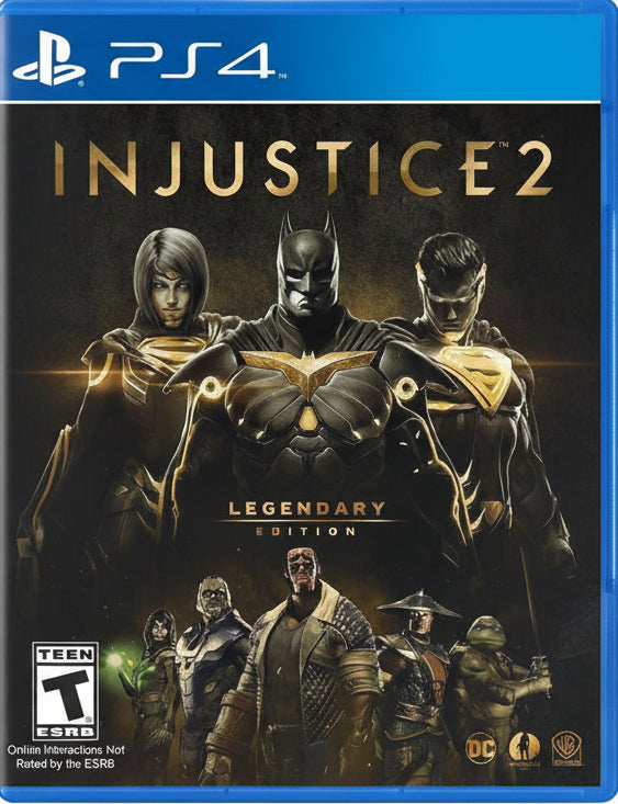 Game cover of 'Injustice 2' for PS4 with characters and logos.