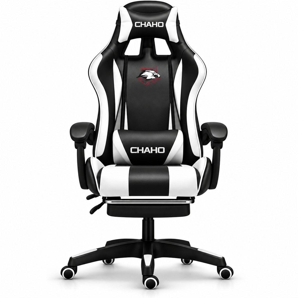 Chaho YT-055 Black White gaming chair with footrest front view