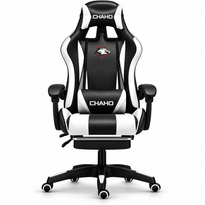 Chaho YT-055 Black White gaming chair with footrest front view