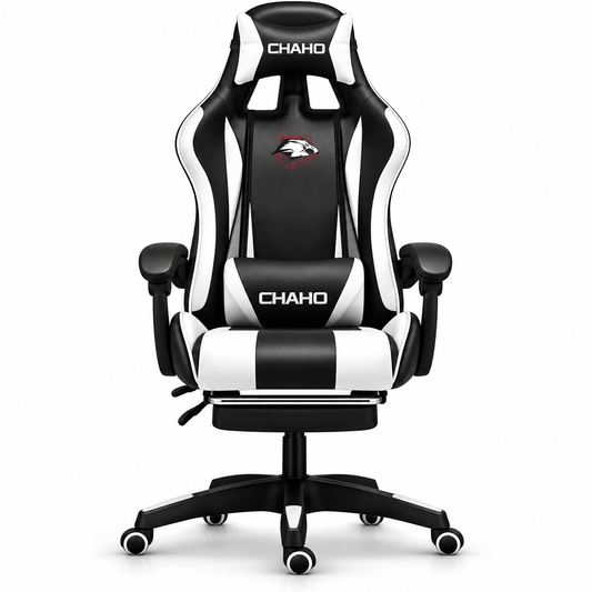 Chaho YT-055 Black White gaming chair with footrest front view