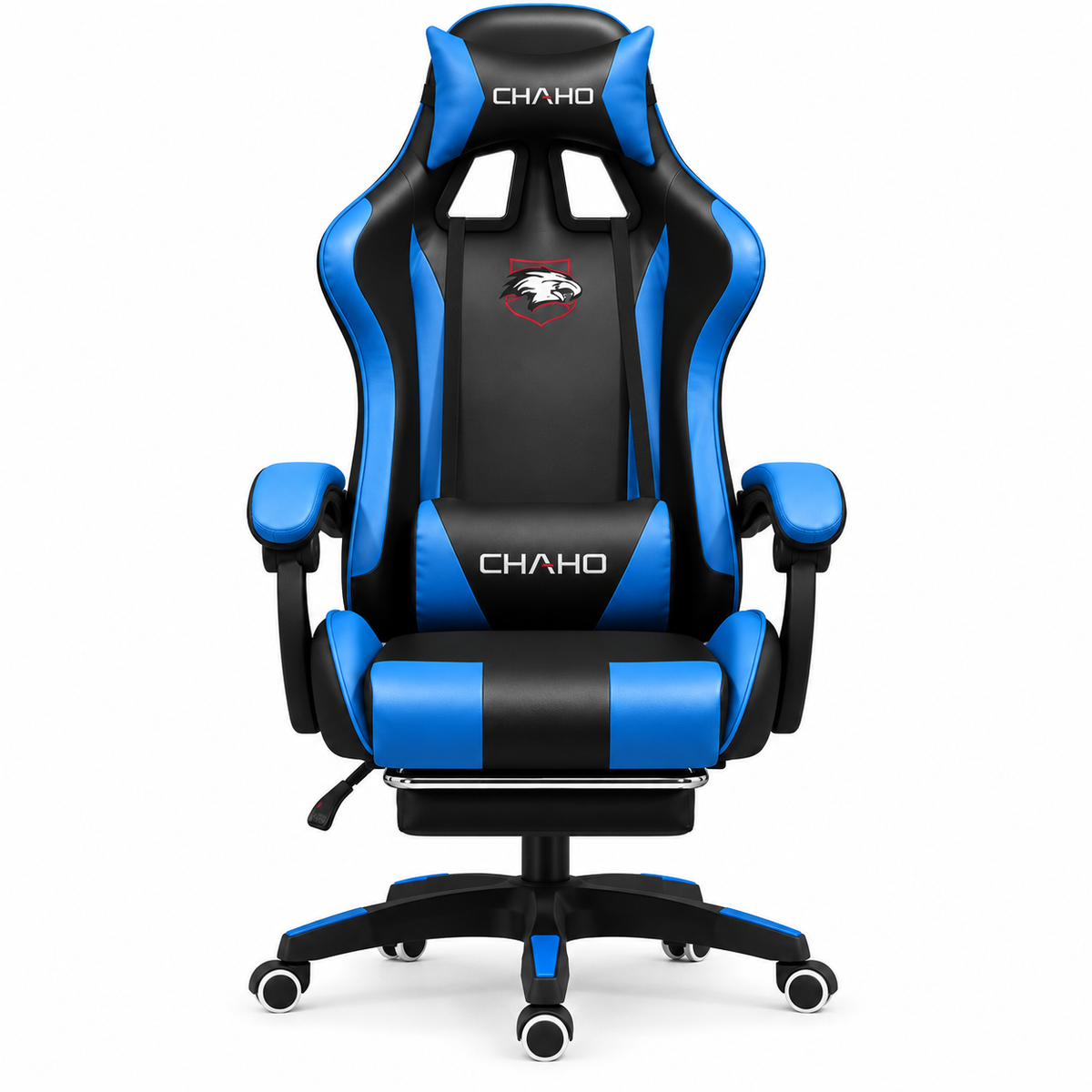 Chaho YT-055 blue gaming chair with footrest front view