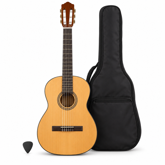 Illustrative beige 38-inch classical beginner guitar bundle, front view with carrying bag and pick