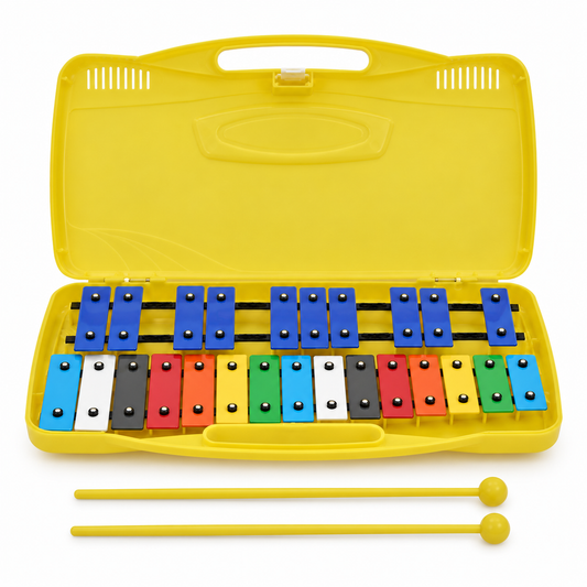 Colorful 25 Notes Xylophone with yellow carrying case and two mallets – front view
