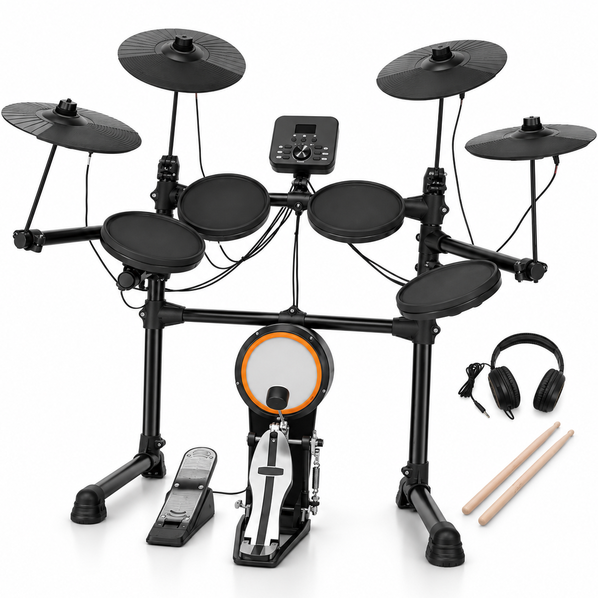 Conqueror HDD10 digital drum kit angled view with headphones and drumsticks
