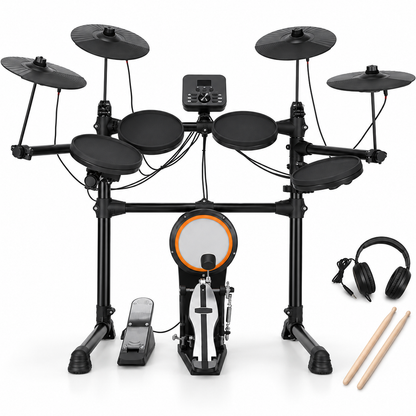 Conqueror HDD10 digital drum kit front view with headphones and drumsticks