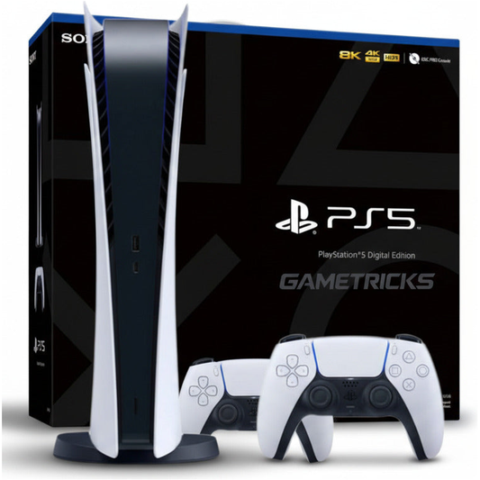 PlayStation 5 Digital Edition console with controller in front of packaging