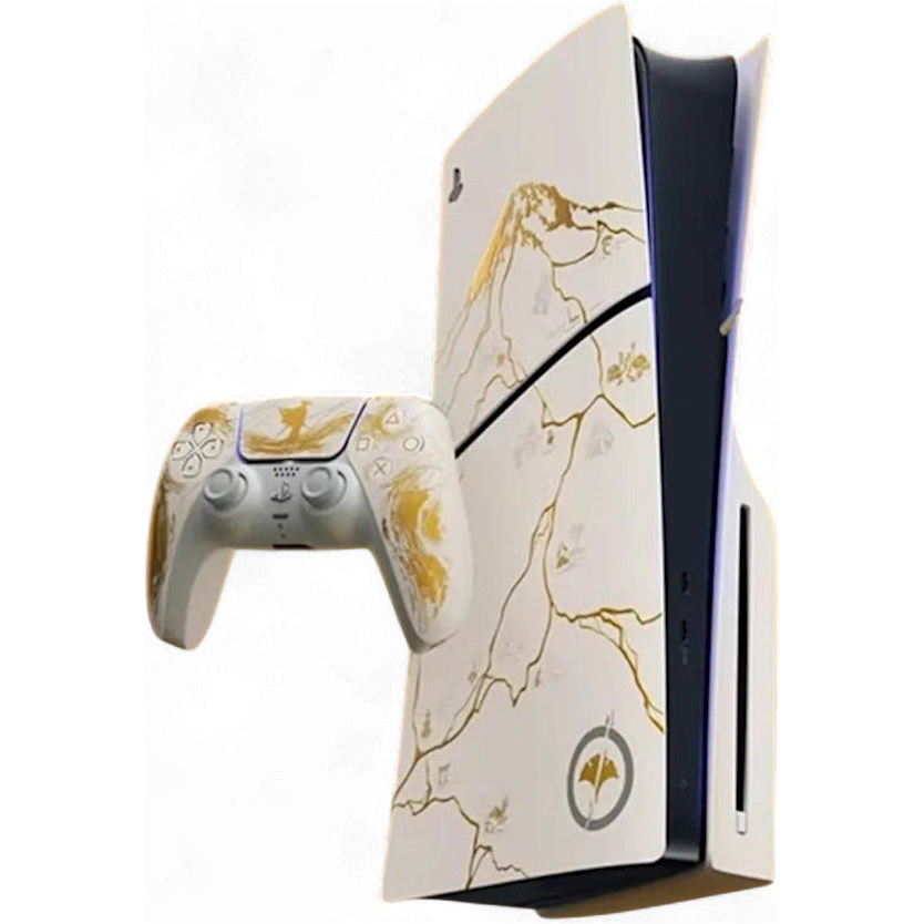 Gaming console and controller with marble design on a white background