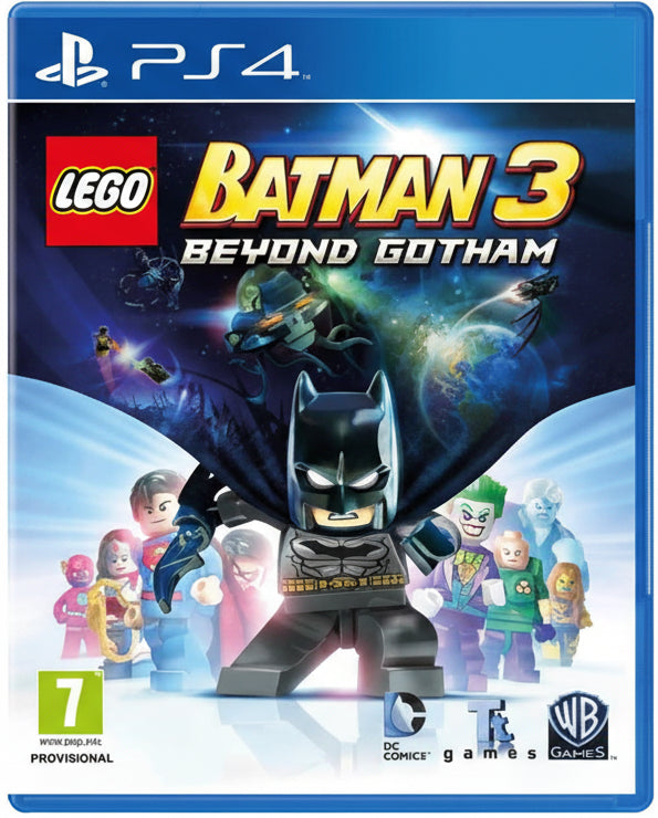 Cover of LEGO Batman 3: Beyond Gotham for PS4 with Batman and other characters.
