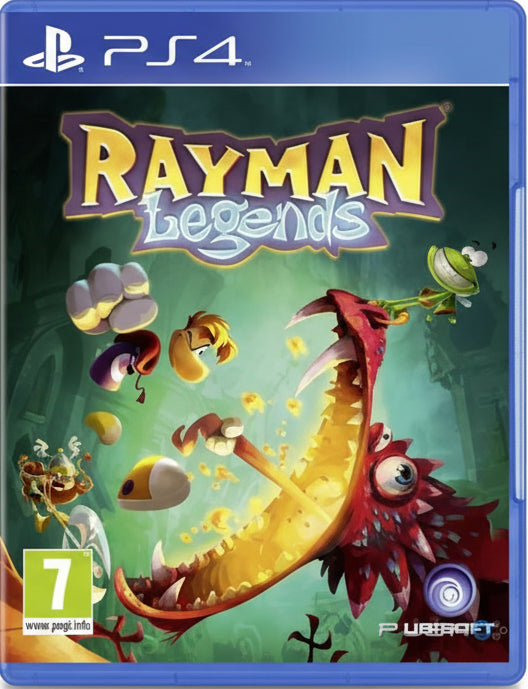 Game cover of 'Rayman Legends' for PS4 with colorful characters and a green background.