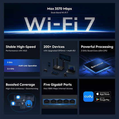 CUDY WR3600 Wi-Fi 7 Router – Dual-Band, 3.6 Gbps Speed, 5 Gigabit Ports - gametricks