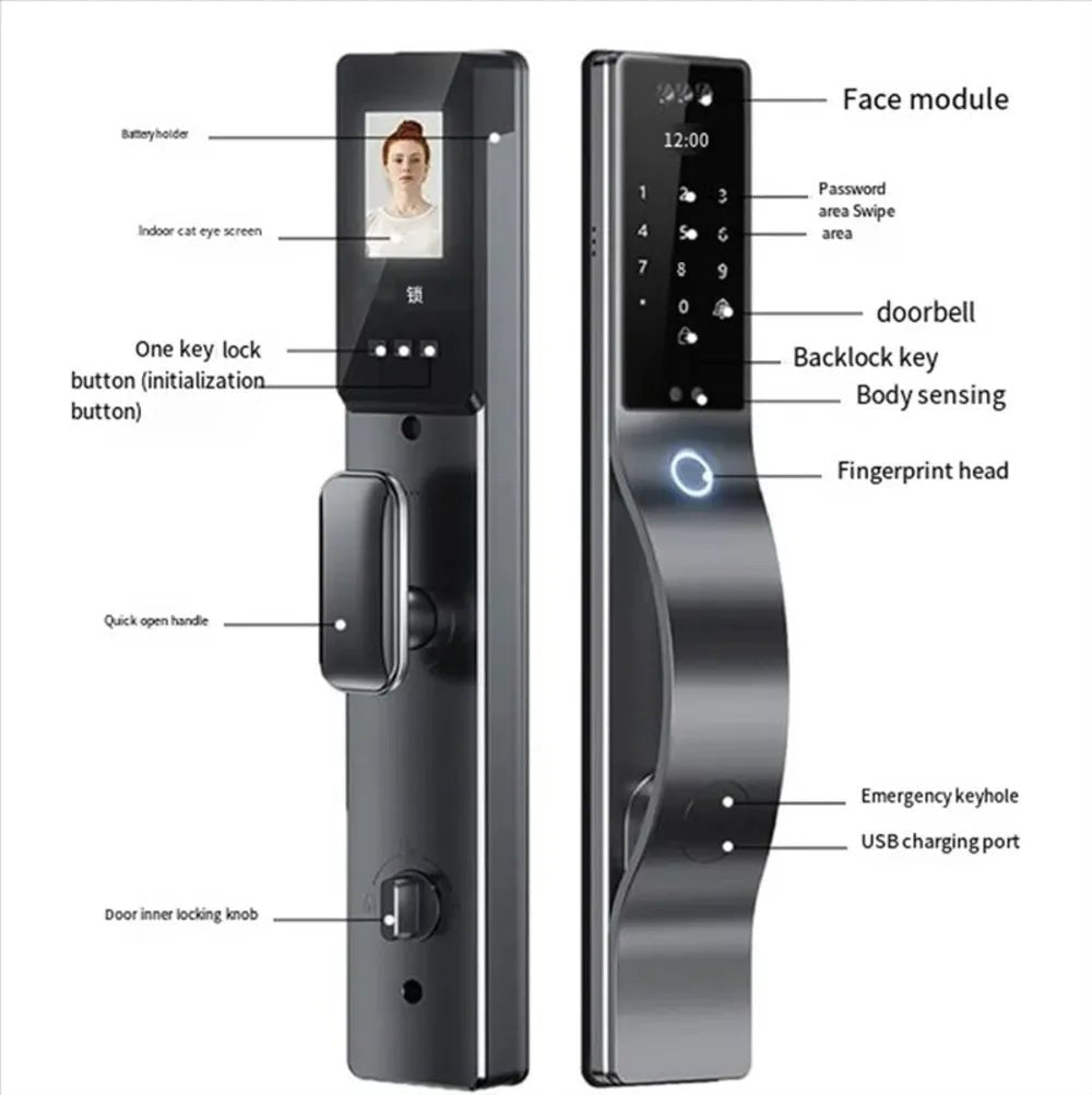 D - 113 Smart Digital Door Lock 3D Face Recognition | Fingerprint, PIN Code & App Control - gametricks