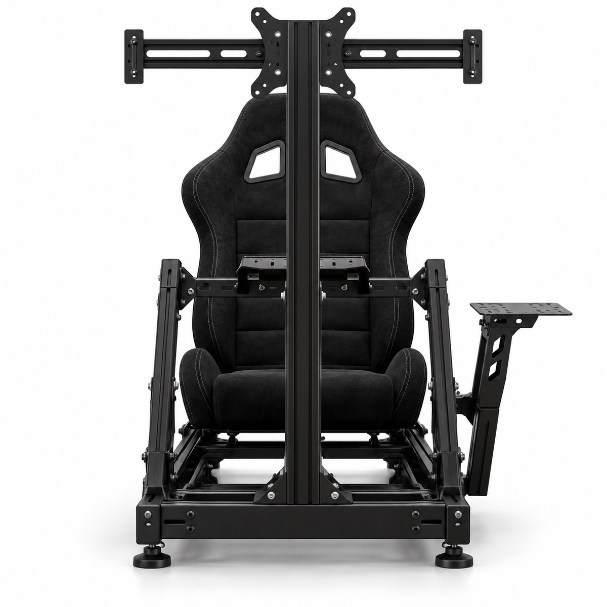 AI illustration: frontal cockpit with seat, TV/monitor mounting support and shifter stand