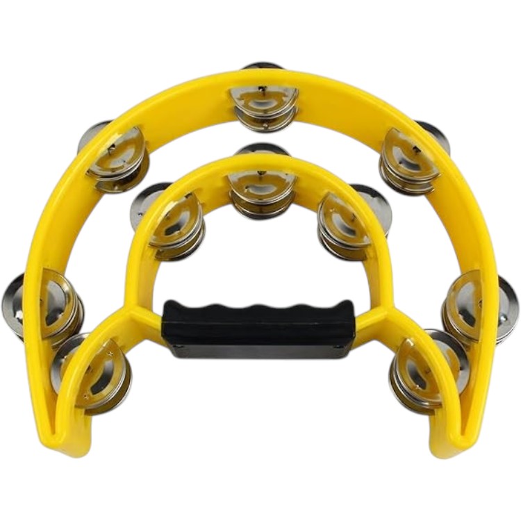 Yellow double-row tambourine with black handle, front view.