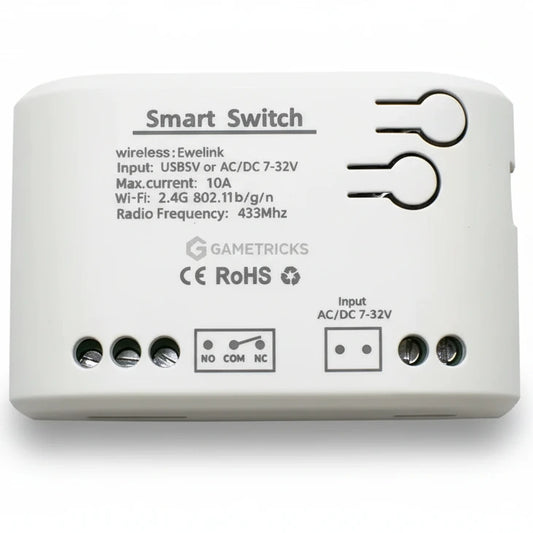 White smart switch with technical specifications on a white background