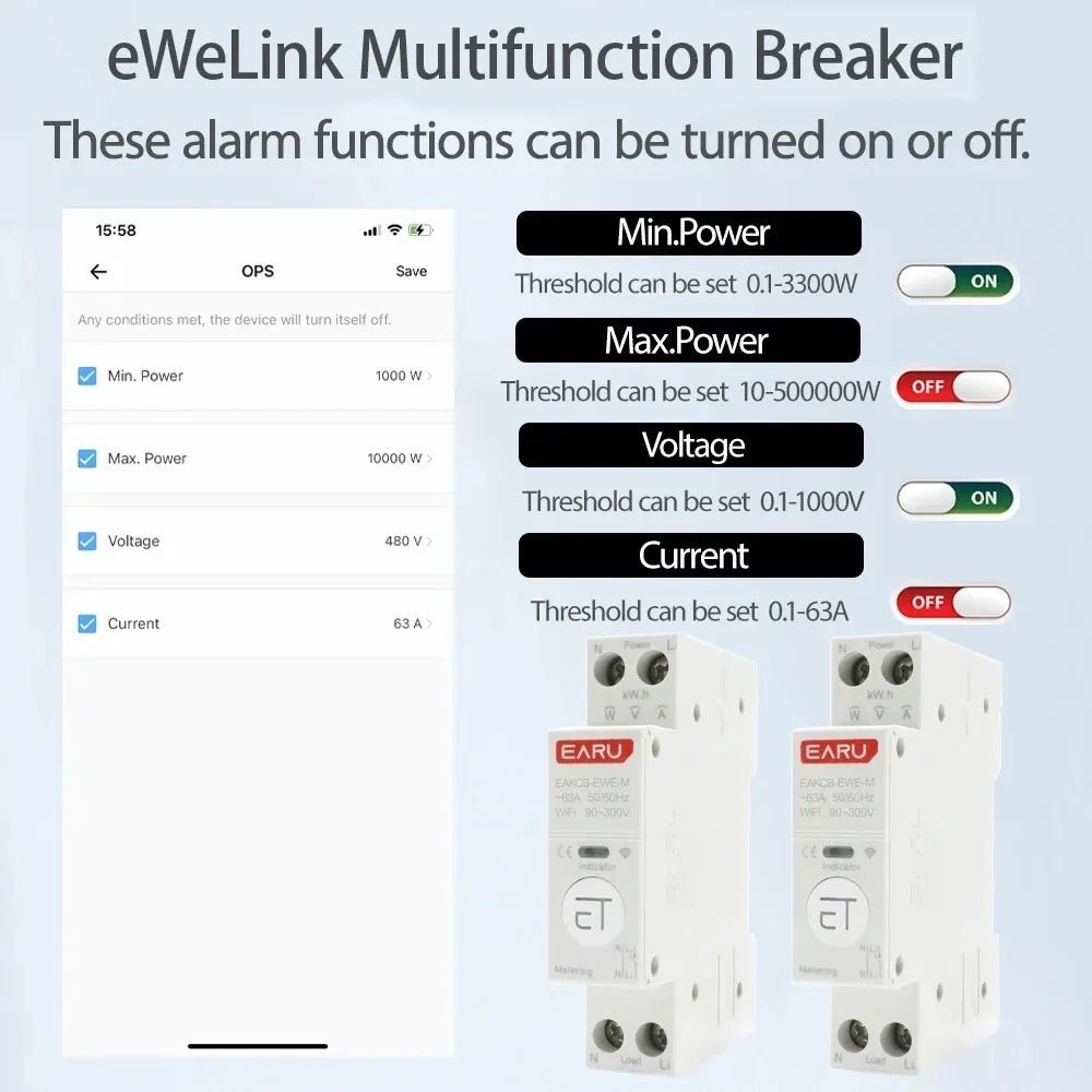EARU 63A Smart WiFi Circuit Breaker 1P – eWeLink App Control, Alexa & Google Compatible - gametricks