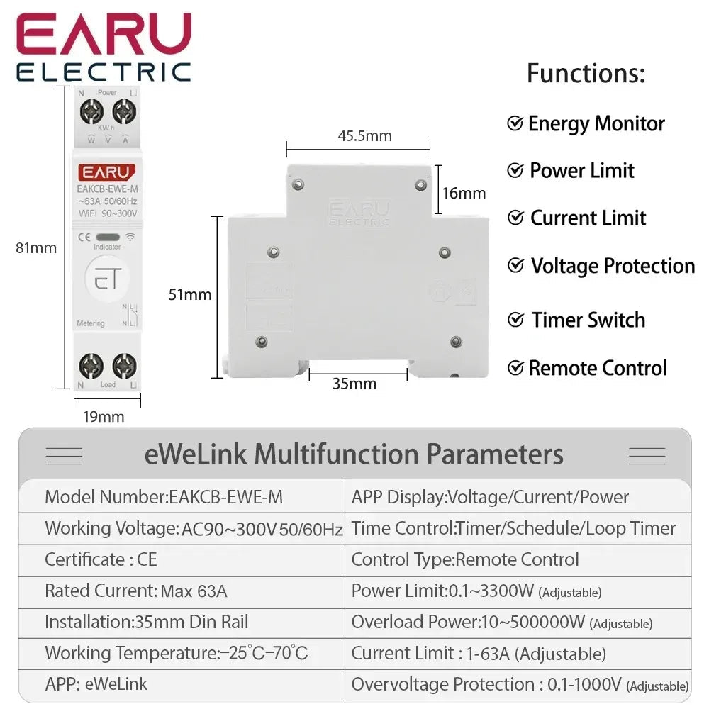 EARU 63A Smart WiFi Circuit Breaker 1P – eWeLink App Control, Alexa & Google Compatible - gametricks