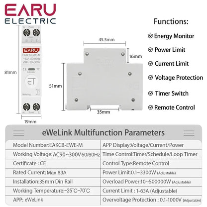 EARU 63A Smart WiFi Circuit Breaker 1P – eWeLink App Control, Alexa & Google Compatible - gametricks