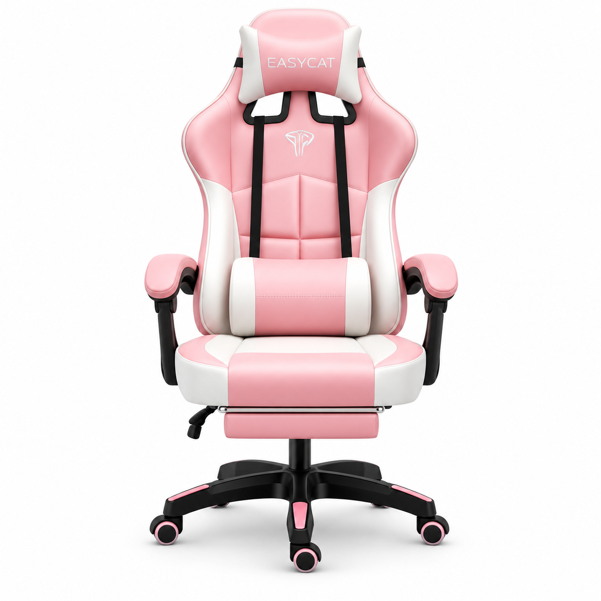 East Seat YT012 Pink gaming chair with footrest front view and soft bottom shadow