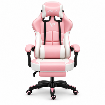 East Seat YT012 Pink gaming chair with footrest front view and soft bottom shadow