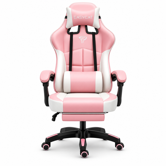 East Seat YT012 Pink gaming chair with footrest front view and soft bottom shadow