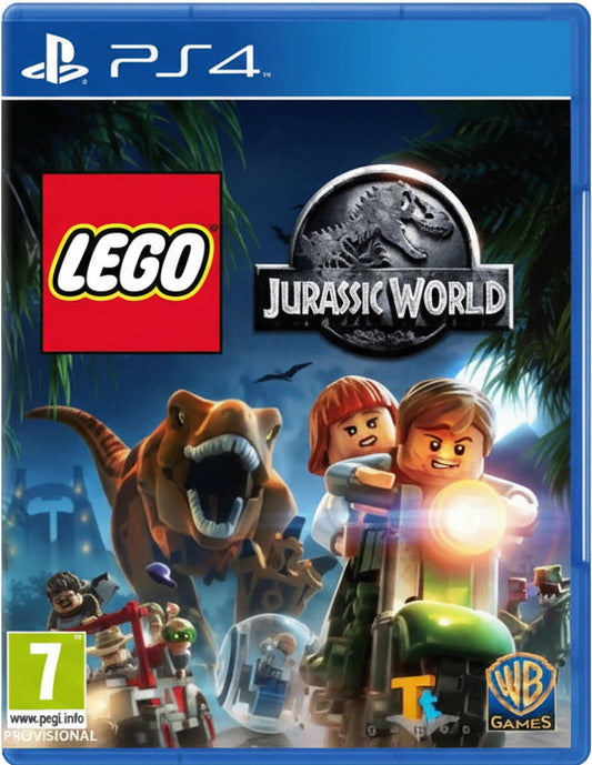Cover of LEGO Jurassic World game for PS4 with characters and dinosaurs.