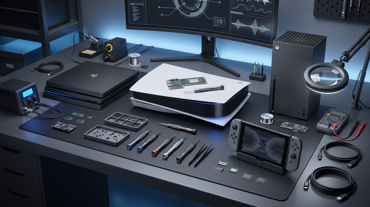 Console repair workbench with PlayStation, Xbox, Nintendo Switch and repair tools