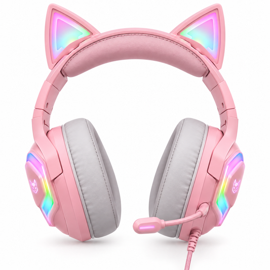 ONIKUMA K9 pink cat ear RGB wired gaming headset front view