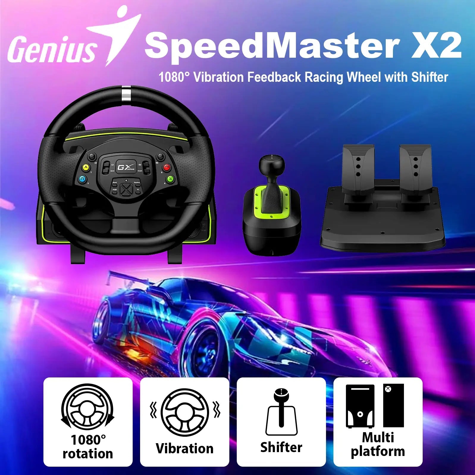 Genuis SpeedMaster X2 1080° Vibration Feedback Racing Wheel with Shifter - gametricks