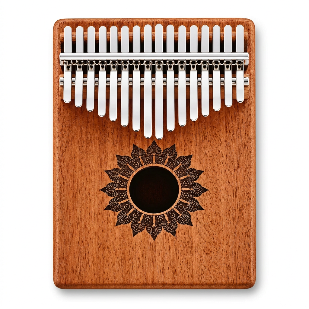 Hand-crafted wooden 17-key kalimba with steel tines and floral sound-hole decoration, front view.
