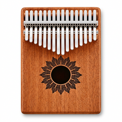 Hand-crafted wooden 17-key kalimba with steel tines and floral sound-hole decoration, front view.