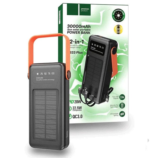 HOCO DB33 Plus Solar Power Bank 30000mAh with Built - In Cables - gametricks