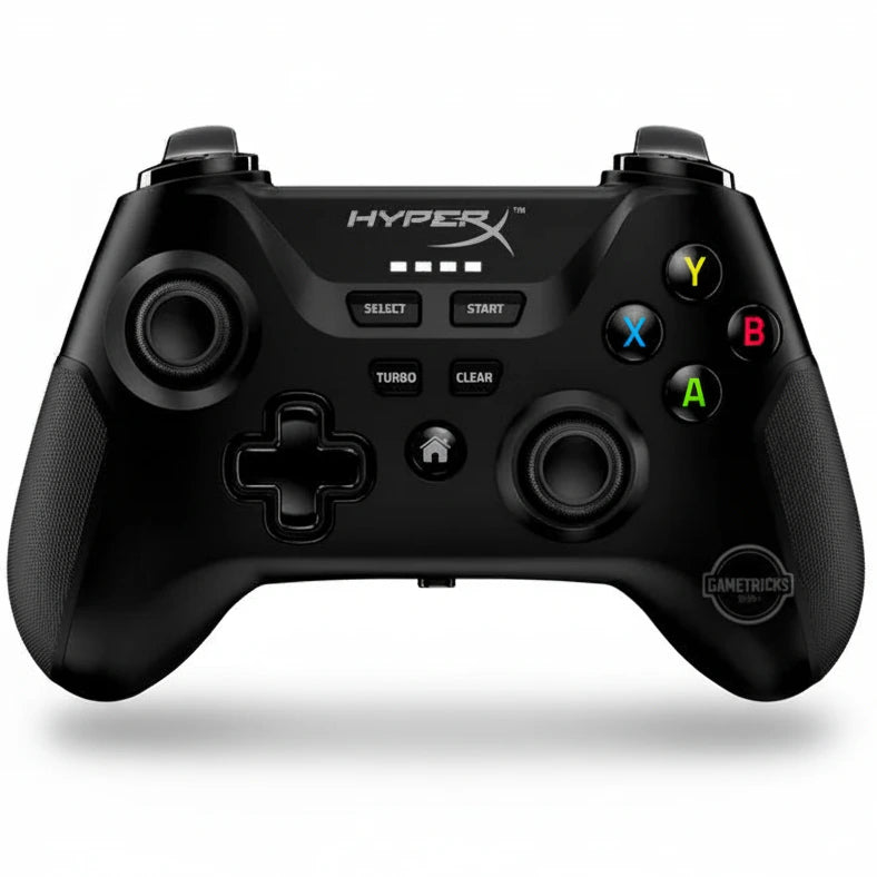 Black gaming controller with HyperX logo on a white background