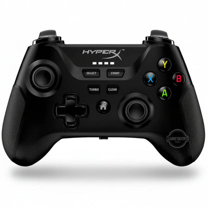 Black gaming controller with HyperX logo on a white background