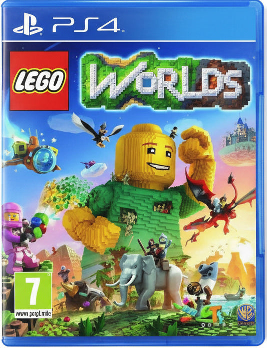 Cover of LEGO Worlds game for PS4 with colorful LEGO characters and world.