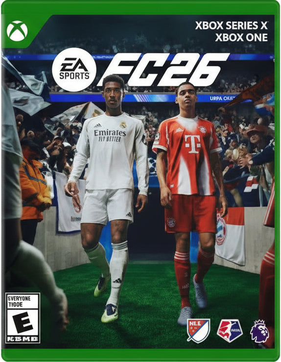 Cover of EA Sports FC 26 video game featuring two soccer players on a stadium background.