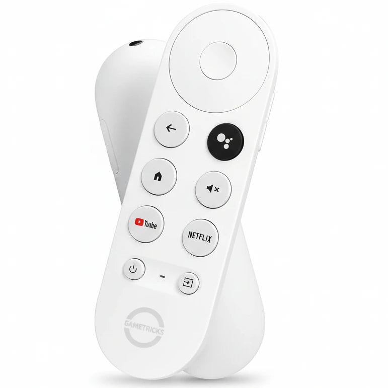 White remote control with app icons on a white background