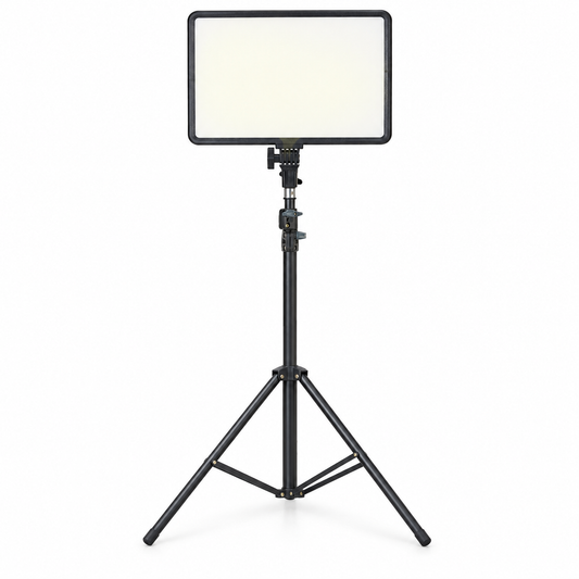 JMARY FM-17RS LED panel light with MT-75 tripod front view on white background